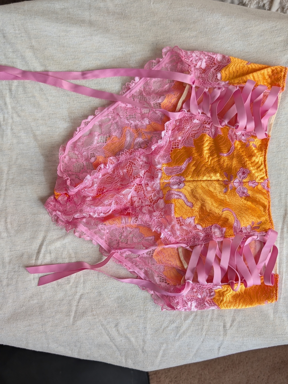 Savage X Fenty Pink & Orange Lace Garter Bottom with Ribbon Detail